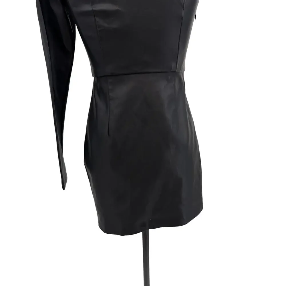 NBD Senia One Shoulder Faux Leather Mini Dress Black Long Sleeve XXS NWT